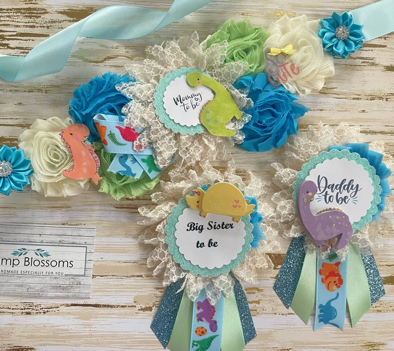 Dinosaur Baby Shower Sash or Pins for Daddy or Mommy to Be Pin to