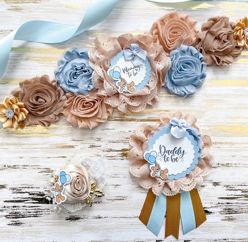 Blue Balloon Teddy Bear Baby Shower Maternity Sash