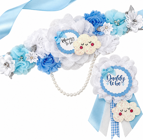 On Cloud Nine Baby Shower Mommy-to-Be Sash & Daddy-to-Be Pin | Blue Cloud Baby Shower Set