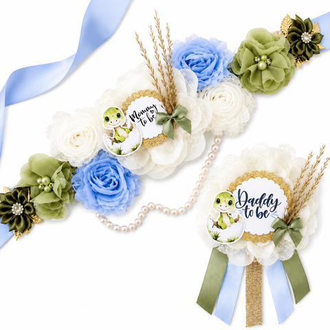 Sage Green Dinosaur Mommy to Be Sash & Daddy to Be Pin – Dino Baby Shower Set