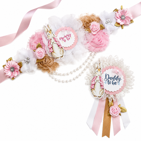 Pink Peter Rabbit Mommy-to-Be Sash & Daddy-to-Be Pin – Baby Shower Parents Set