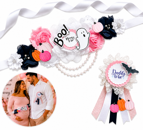 Little Boo Baby Shower Mommy to Be Sash & Daddy to Be Pin – Pink Ghost & Pumpkin Halloween Set