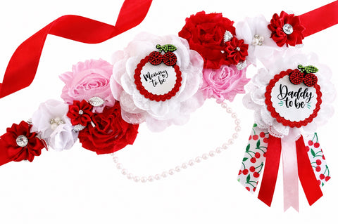 Cherry Mommy to Be Sash & Daddy to Be Pin Set – Red, Pink & White Baby Shower Accessories