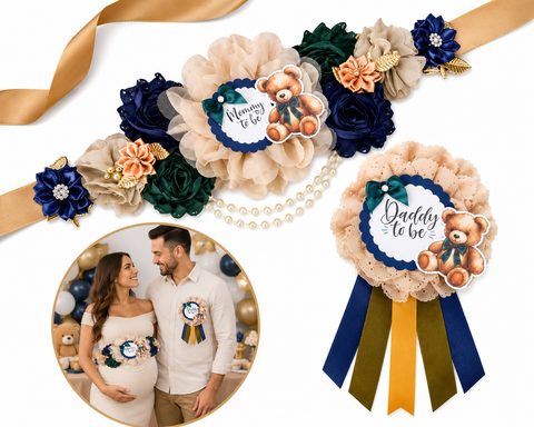 Navy Blue Teddy Bear Mommy-to-Be Sash & Daddy-to-Be Pin – Baby Shower Set