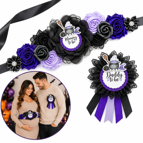 A Baby is Brewing Halloween Baby Shower Mommy to be Sash and Daddy Pin