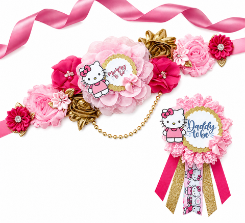 Pink and Gold Kitty Mommy-to-Be Sash & Daddy-to-Be Pin – Baby Shower Set