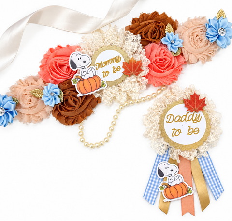 Little Peanut on the Way Snoopy Baby Shower Mommy to Be Sash and Daddy to Be Pin