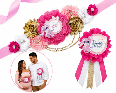 Pink Stitch & Angel Mommy to Be Sash & Daddy to Be Pin Set