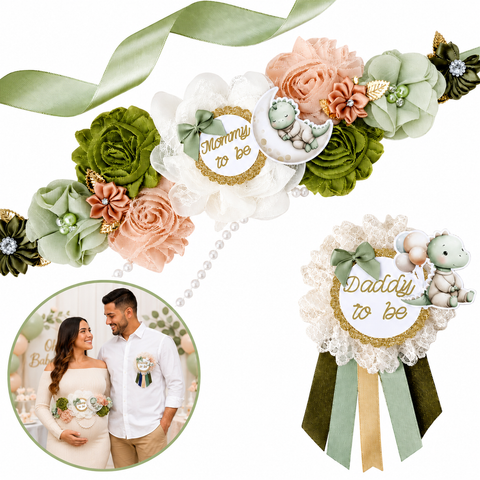 Dinosaur Mommy to Be Sash & Daddy to Be Pin Set – Sage Green & Peach Baby Shower Accessories