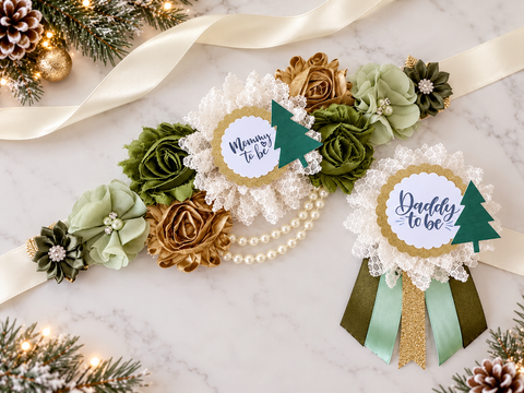 Christmas Tree Mommy to Be Sash and Daddy to Be Pin Set – Green and Gold Winter Baby Shower
