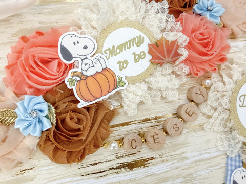 Little Peanut on the Way Snoopy Baby Shower Mommy to Be Sash and Daddy to Be Pin