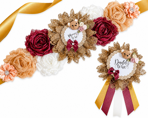 Fall Teddy Bear Mommy to be Baby Shower Mommy to be Sash and Daddy Pin