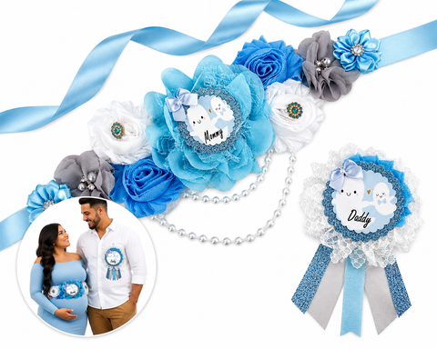 Blue Little Ghost Baby Shower Mommy to Be Sash & Daddy to Be Pin Set