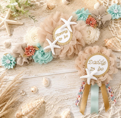 Coastal Starfish Mommy to Be Sash & Daddy to Be Pin Set – Beach Baby Shower