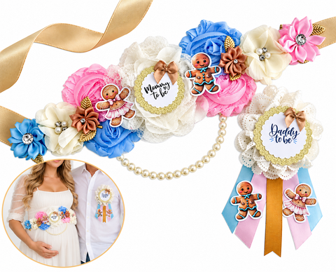Gingerbread Mommy to Be Sash & Daddy to Be Pin Set | Christmas Baby Shower | Pink and Blue Gender Reveal