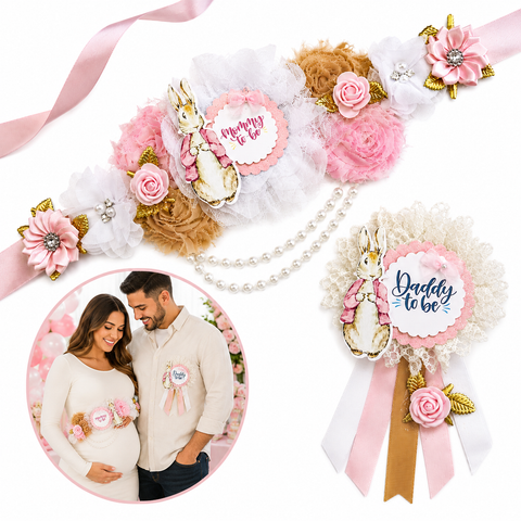 Pink Peter Rabbit Mommy-to-Be Sash & Daddy-to-Be Pin – Baby Shower Parents Set