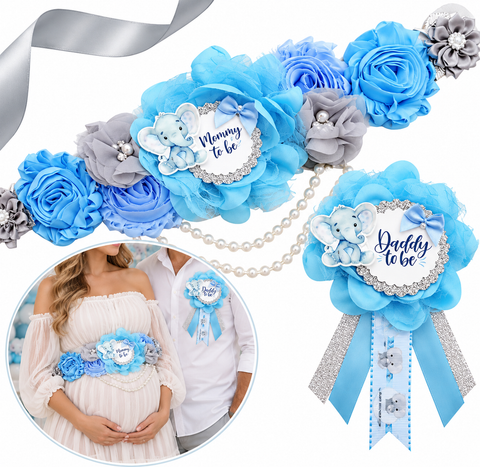 Blue Elephant Baby Shower Sash and Daddy to Be Pin Set, Mommy to Be Floral Sash, Boy Baby Shower Decorations, Elephant Baby Shower