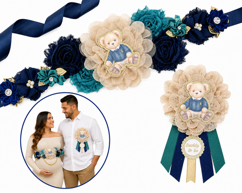 Teddy Bear Mommy to Be Sash & Daddy to Be Pin – Navy, Teal & Gold Baby Shower Set