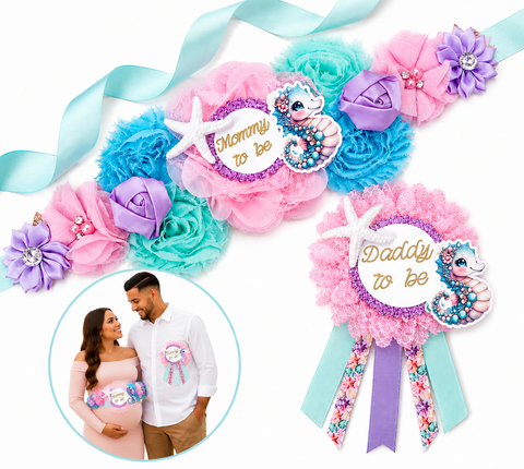 Seahorse Mommy to Be Sash Daddy to Be Pin Set, Under the Sea Baby Shower, Ocean Baby Shower Sash, Seahorse Baby Shower Gift
