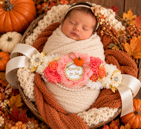 Fall Pumpkin Baby Shower Mommy-to-Be Sash and Daddy-to-Be Pin Set – Pink and Coral Floral Maternity Sash
