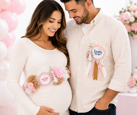 Pink Peter Rabbit Mommy-to-Be Sash & Daddy-to-Be Pin – Baby Shower Parents Set