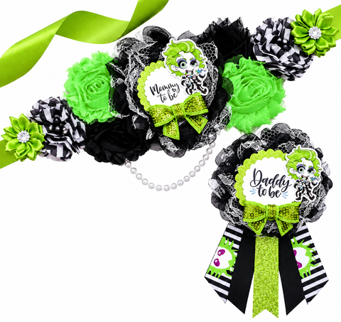 Beetlejuice Inspired Mommy to Be Sash & Daddy to Be Pin – Green Black Baby Shower Set
