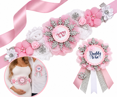 Pink Winter Wonderland Mommy to Be Sash & Daddy to Be Pin – Snowflake Baby Shower Set