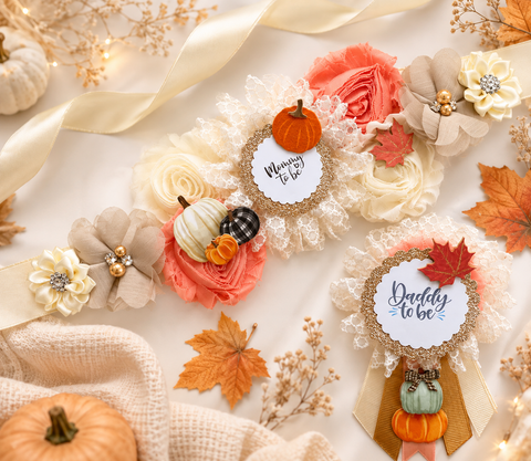 Fall Pumpkin Mommy to Be Sash & Daddy to Be Pin – Autumn Baby Shower Parents-to-Be Set