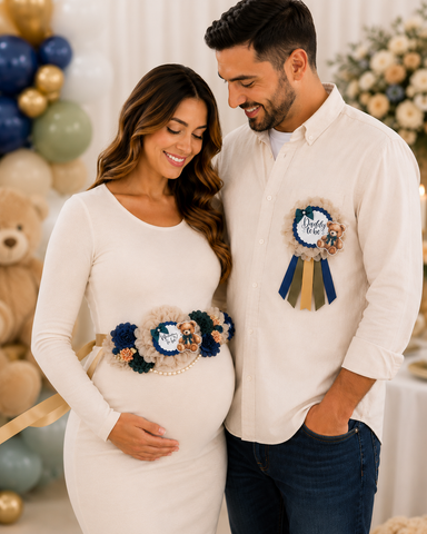 Navy Blue Teddy Bear Mommy-to-Be Sash & Daddy-to-Be Pin – Baby Shower Set