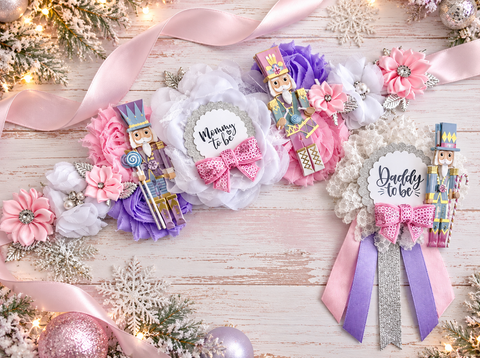 Nutcracker Christmas Baby Shower Badge Set – Mommy & Daddy to Be Floral Pins with Holiday Ribbon