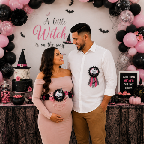 Pink & Black Witch Baby Shower Mommy to Be Sash & Daddy to Be Pin Set – Halloween Baby Shower