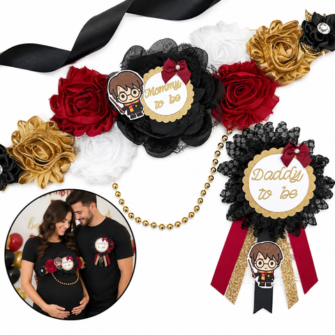 Harry Potter Mommy to Be Sash & Daddy to Be Pin Set – Red, Black & Gold Baby Shower