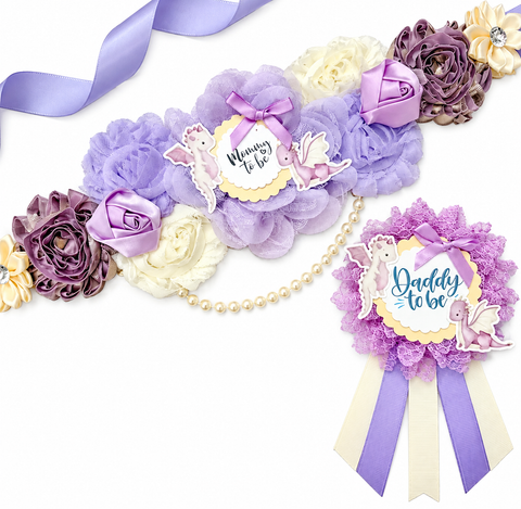 Purple Dragon Mommy-to-Be Sash & Daddy-to-Be Pin Set