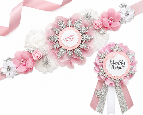 Pink Winter Wonderland Mommy to Be Sash & Daddy to Be Pin – Snowflake Baby Shower Set