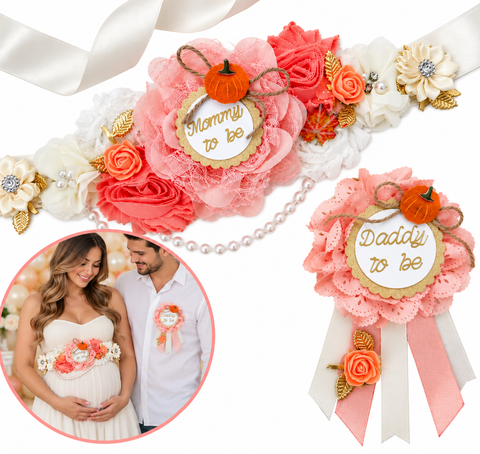Fall Pumpkin Baby Shower Mommy-to-Be Sash and Daddy-to-Be Pin Set – Pink and Coral Floral Maternity Sash