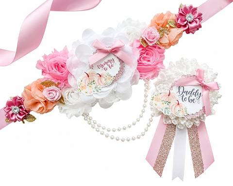 Pink Pumpkin Fall Baby Shower Mommy to be Sash and Daddy Pin