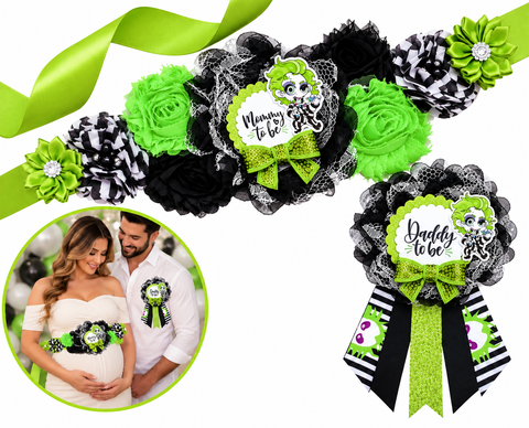 Beetlejuice Inspired Mommy to Be Sash & Daddy to Be Pin – Green Black Baby Shower Set