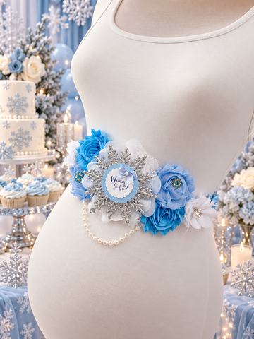 Blue Snow Snowflake Winter Baby Shower Mommy to be Sash and Daddy Pin