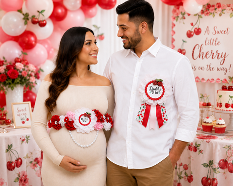 Cherry Mommy to Be Sash & Daddy to Be Pin Set – Red, Pink & White Baby Shower Accessories