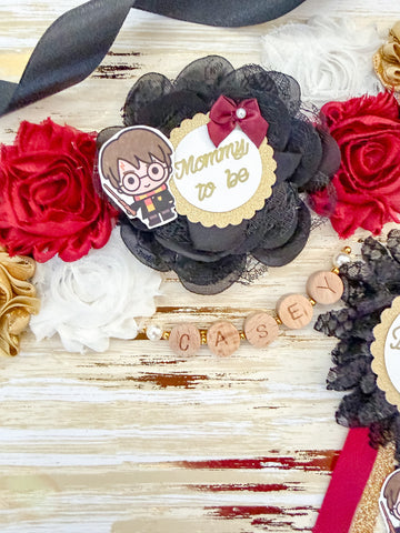 Harry Potter Mommy to Be Sash & Daddy to Be Pin Set – Red, Black & Gold Baby Shower