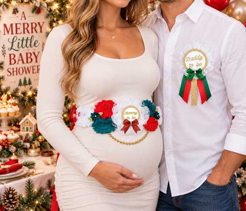 Merry Little Baby Shower Sash & Daddy to Be Pin Set | Christmas Baby Shower