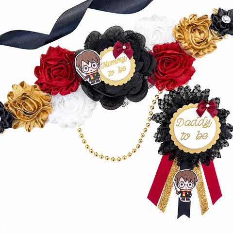 Harry Potter Mommy to Be Sash & Daddy to Be Pin Set – Red, Black & Gold Baby Shower