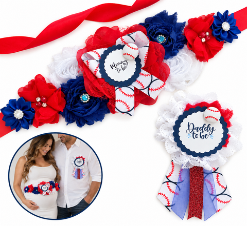Baseball Baby Shower Mommy-to-Be Sash & Daddy-to-Be Pin | Little Slugger | Custom Team Colors