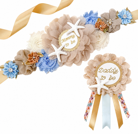 Coastal Starfish Mommy to Be Sash & Daddy to Be Pin Set – Beach Baby Shower