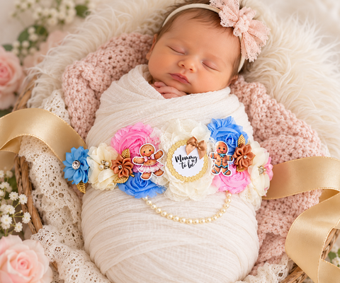 Gingerbread Mommy to Be Sash & Daddy to Be Pin Set | Christmas Baby Shower | Pink and Blue Gender Reveal