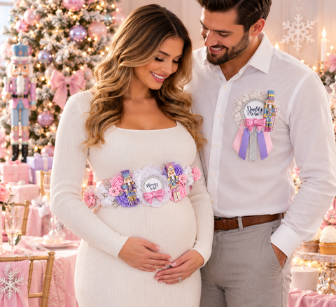 Nutcracker Christmas Baby Shower Badge Set – Mommy & Daddy to Be Floral Pins with Holiday Ribbon