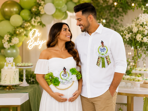 Princess Tiana Frog Mommy to Be Sash & Daddy to Be Pin Set – Green Baby Shower