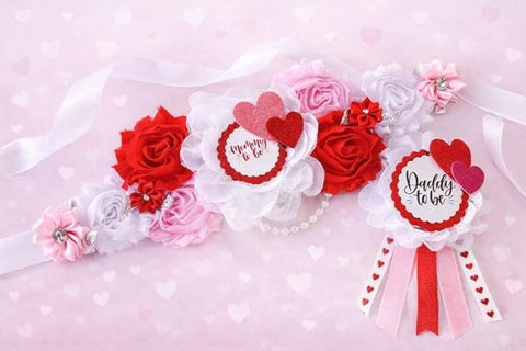 Valentine’s Sweetheart Mommy to Be Sash & Daddy to Be Pin Set – Red Pink White Baby Shower Gender Reveal Decorations