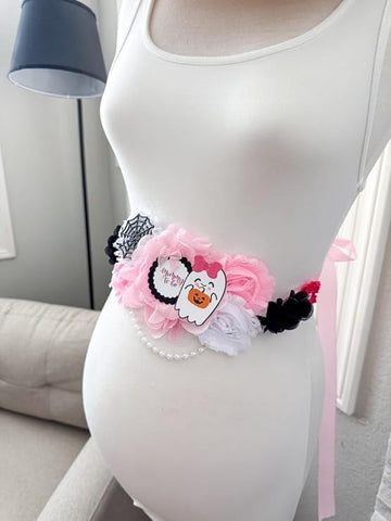 Pink Ghost “A Boo is Due” Baby Shower Sash & Pins – Halloween Mom-to-Be Set