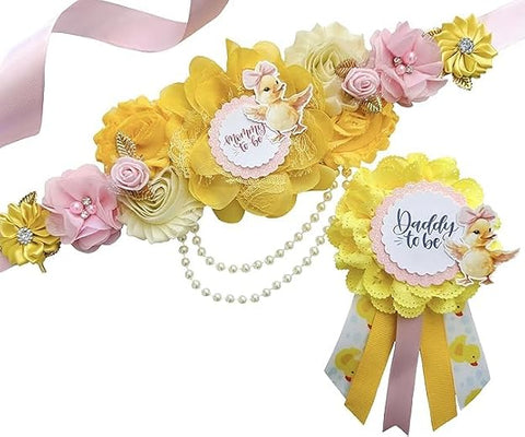 Easter Duckling Mommy to Be Sash & Daddy to Be Pin – Pink Yellow Bow Baby Shower Set